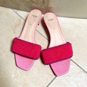 FENDI WOMEN’S FANTASIA BEADED SANDAL HEELS, SIZE US 7.5, NEON PINK